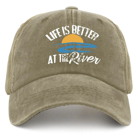 Life Is Better By The River Quote Baseball Hat For Men, Dope Camping Ready Cap with river and sun design on front panel