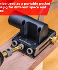 All Metal Pocket Hole Jig Kit With Quick Clamp And Dust Collection For Easy Use shown drilling into wood with 3-hole guide.