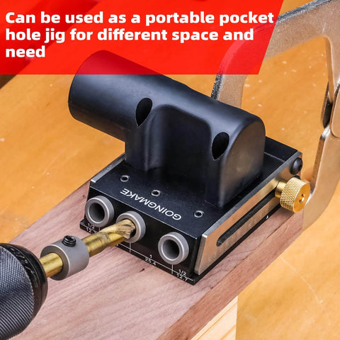 All Metal Pocket Hole Jig Kit With Quick Clamp And Dust Collection For Easy Use shown drilling into wood with 3-hole guide.