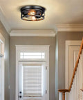Two Pack Black Farmhouse Flush Mount Ceiling Lights With Industrial Vintage Metal Cage Design Providing Full Room Illumination