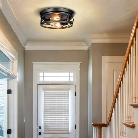 Two Pack Black Farmhouse Flush Mount Ceiling Lights With Industrial Vintage Metal Cage Design Providing Full Room Illumination