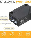 Photoelectric Sensor Kit 12-24V DC Pro Grade Specular Reflection detects objects with 2m range, NPN NO NC outputs, black, E3Z-R61 model.