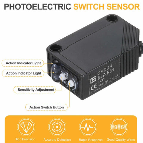 Photoelectric Sensor Kit 12-24V DC Pro Grade Specular Reflection detects objects with 2m range, NPN NO NC outputs, black, E3Z-R61 model.