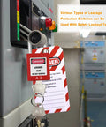 Lockout Tagout Kit For Electrical Safety With Group Lockout Hasps And Padlocks used on electrical panel switch with warning tag.