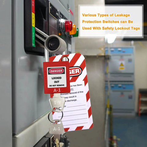 Lockout Tagout Kit For Electrical Safety With Group Lockout Hasps And Padlocks used on electrical panel switch with warning tag.