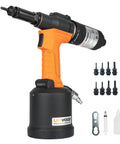 Heavy Duty Air Hydraulic Rivet Nut Tool With Reversible Button, Pro Grade Pneumatic Riveter And Auto Rivet Nut Gun Kit Includes 8 Nose Pieces For M3 To M12 And SAE Sizes, Great For Stainless Steel, Iron, Aluminum, And More, with visible accessories.