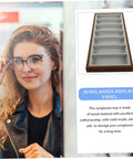 Straight Up Premium Wooden Eyewear Display Tray With Soft Protective Lining For Sunglasses Glasses And Jewelry Storage Stylish Desktop Organizer For Your Fresh Setup in a modern setting with a woman adjusting her glasses.