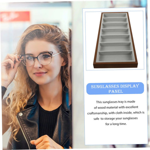 Straight Up Premium Wooden Eyewear Display Tray With Soft Protective Lining For Sunglasses Glasses And Jewelry Storage Stylish Desktop Organizer For Your Fresh Setup in a modern setting with a woman adjusting her glasses.