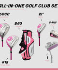 Ladies Left or Right Handed Golf Club Set For Regular And Petite Fits, 460cc Titanium Driver, Fairway Wood, Hybrid, 5 PW Irons, Putter