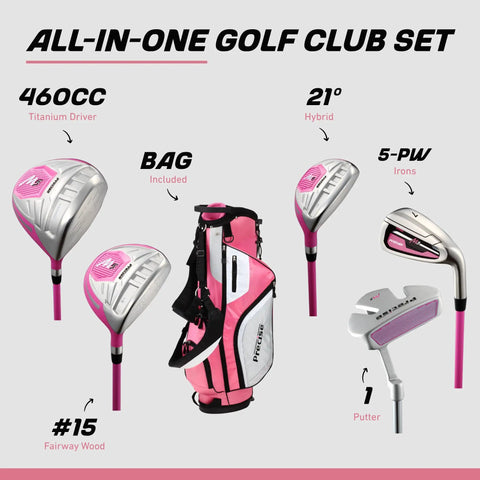 Ladies Left or Right Handed Golf Club Set For Regular And Petite Fits, 460cc Titanium Driver, Fairway Wood, Hybrid, 5 PW Irons, Putter