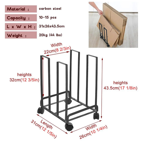 Portable Cardboard Box Storage Cart, Compact Carbon Steel Organizer Rack, Grab And Go Trolley For Cardboard Boxes, Multipurpose Packing And Moving Unit, Perfect For Factory Garage Warehouse And Home Use, Black 1 Pack, 31x26x43.5 cm on wheels