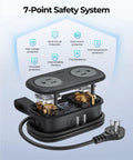 Compact Travel Power Strip With Four AC Outlets And A Four Foot Wrap Around Cord showing interior components and 7-point safety features.