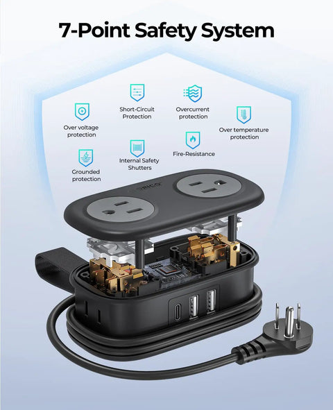 Compact Travel Power Strip With Four AC Outlets And A Four Foot Wrap Around Cord showing interior components and 7-point safety features.