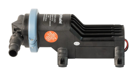 Gulper 220 24V Graywater Pump for Shower Waste Hair and Gel, 3.5 GPM, black and blue compact unit with dual outlet valve.