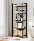 Five Tier Bookshelf With Sturdy Metal Frame, free standing open shelving unit for home office, bedroom and living room in corner setting
