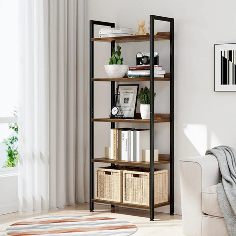 Five Tier Bookshelf With Sturdy Metal Frame, free standing open shelving unit for home office, bedroom and living room in corner setting