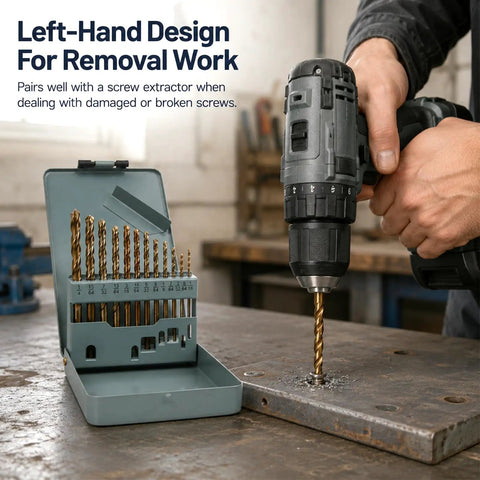 Sick 13-Piece Cobalt Left Hand Drill Bit Set For Stainless Steel And Hardened Metal! Heavy Duty Reverse Twist Bits With Split Point Tip, Titanium Coated HSS Jobber Length Kit In Storage Case For Tough Jobs. Left-hand bits in case being used on steel