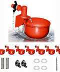 Spill Proof Automatic Chicken Waterer Cups 8 Pack With Free Setup Gear, red water cup with drip-free valve and mounting gear.