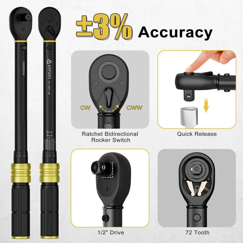 Heavy Duty Jumbo Crowfoot Wrench Set With One Half Inch Drive Click Torque Wrench Nine Piece Flare Nut Socket Kit Adapter And Extension Bar For Tight Engine Bays And Total Knockout Garage Fixer showing precision ratchet with quick release feature.
