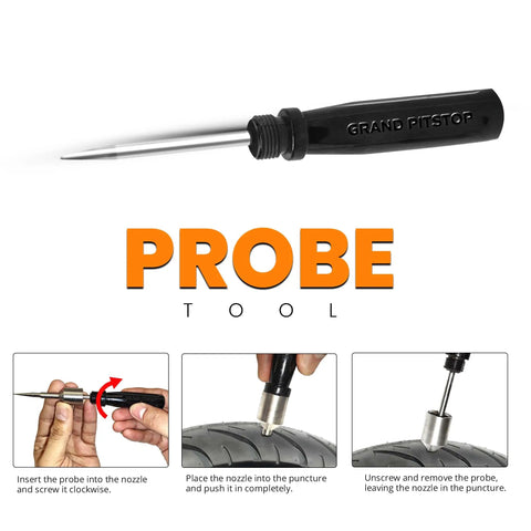 DIY Tubeless Tire Repair Kit With Mushroom Plug Gun For Punctures And Flats On Cars Motorcycles ATVs Trucks And Tractors 15 Plugs Green Easy Quick Roadside Fix For Punctured Tires, featuring a probe tool