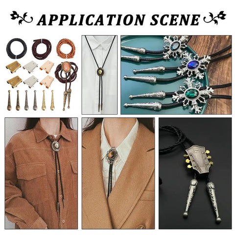 Must Have Bolo Tie Making Kit With 6 Alloy Cord Ends And 3 Iron Slide Clasps, Replacement Tips Buckle Accessories For DIY Western Neckties, Complete Craft Set For DIY Jewelry Making, sample bolo tie application scene