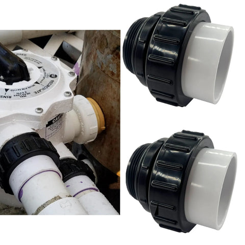 Hi-temp 2-inch PVC pool pump unions (2-pack) with black locking collars