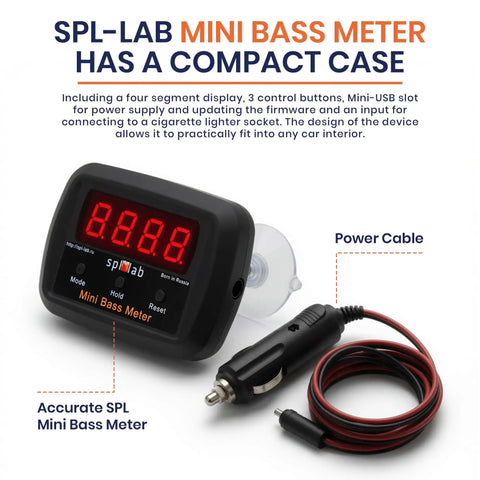 Mini Bass Meter Version 2 Compact Standalone Subwoofer Sound Pressure Meter With Voltage Measurement For Car Audio Bass Testing Tool 10 Hz To 120 Hz Range And 110 dB To 185 dB Measurement For Precise Bass Tuning On The Go, shown with power cable