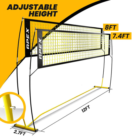 Volleyball Training Net For Pro Level Practice 12 Foot Wide Portable Net With Adjustable Height From Seven Point Four To Eight Feet Includes Ground Stakes And Carry Bag Indoor And Outdoor Use Built For Peak Performance