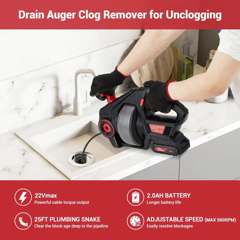 20 Volts Cordless Electric Drain Auger Equipped With Twenty Five Foot Pipe Snake And Household Drain Clog Remover for unclogging kitchen sink.