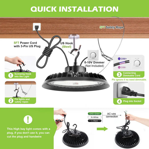 Quick installation guide for UFO LED High Bay Light 240W Beast Bright 30,000 Lumens 5000K with 5ft US Plug and safety rope