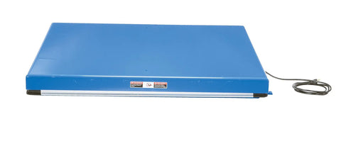 Rugged Electric Hydraulic Lift Table 48 X 48 Inch Steel Platform 5000 Lb Capacity Blue with cable connection view.