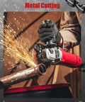 Red angle grinder cutting a metal pipe with sparks