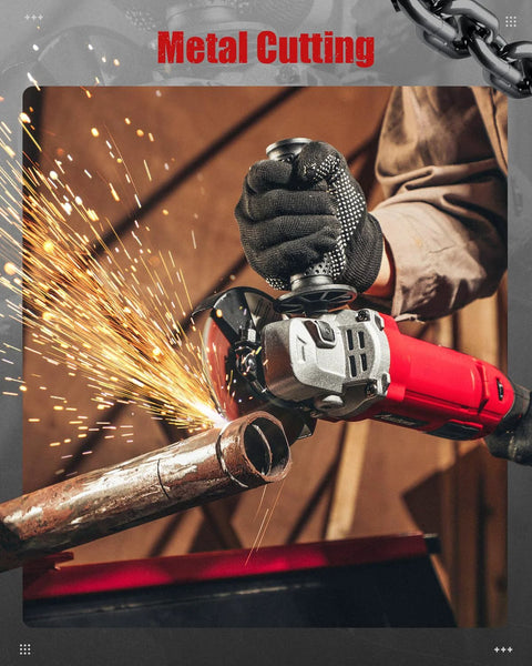 Red angle grinder cutting a metal pipe with sparks