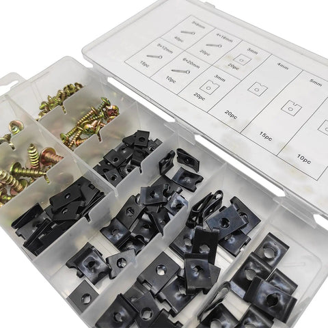 170 Piece Car Screw And U Clip Kit Durable Metal Fasteners in compartmentalized storage box for dash panels, interior, engine work