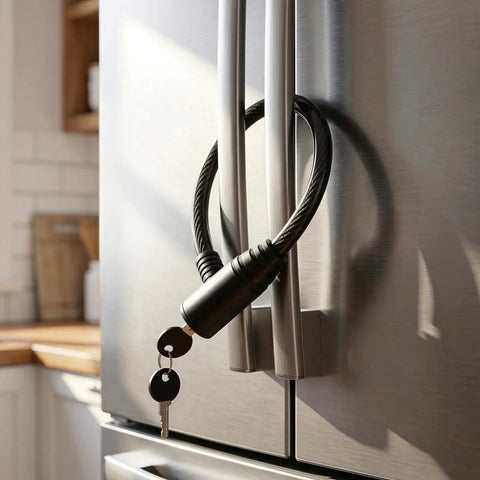 Two Piece Childproof Cable Lock For French Door Fridge And Kitchen Cabinets Quick Install Easy To Use Kid Safe Security Lock Keeps Curious Hands