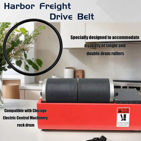 Five Pack Replacement Drive Belts For Rock Tumblers Fits Central Machinery ABN Viyuki Single And Dual Barrel Models Premium Nitrile Rubber For Consistent Performance And Easy Install, shown with a red rock tumbler and kitchen background
