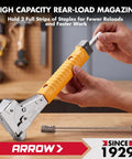 Person holding Heavy Duty Hammer Tacker With Sure Grip Handle Pro Grade Manual Stapler Dual Load Rear Magazine on workbench.