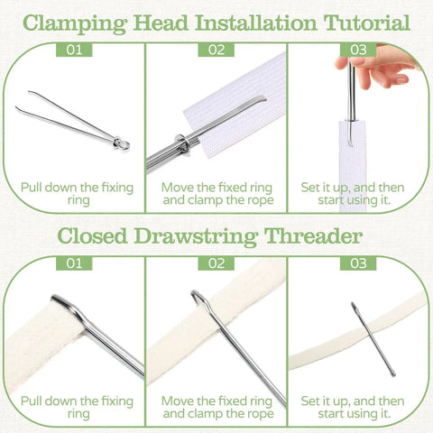 Tutorial for using 12 Pack Metal Drawstring Threaders With Clip for Quick Elastic Waistband Repairs, showing installation steps.
