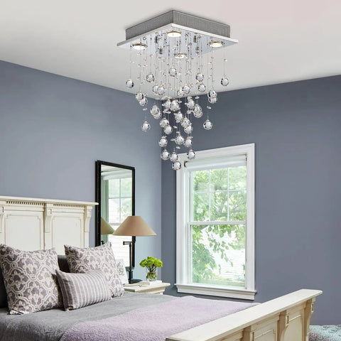 Dope Chrome Modern Crystal Raindrop Chandelier Flush Mount LED Ceiling Light Fixture Pendant Lamp in bedroom setting
