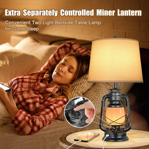 Cozy bedroom with Set Of 2 Farmhouse Table Lamps With USB Port Three Way Dimmable Touch Nightstand Lights and miner lantern