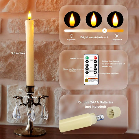 Real Wax LED Flameless Taper Candles With Remote Timer 9.6 Inch Ivory Dripless Battery Operated Window Candles 3D Flickering Flame