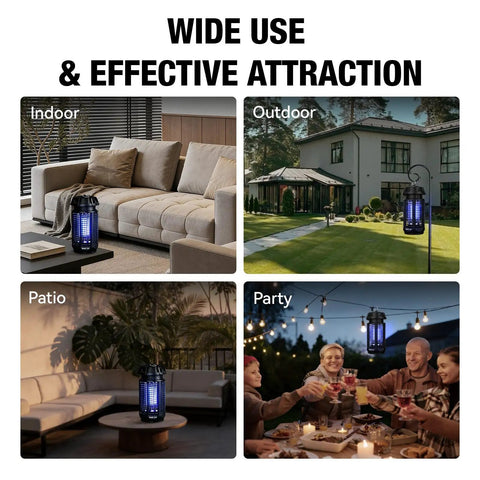 High Power Mosquito Zapper For Indoor Outdoor Use 20W 4200V Instant Grid shown in various settings: living room, garden, patio, and party.