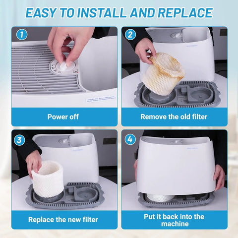 Step-by-step guide showing installation of Six Pack HAC504 Humidifier Filters For Honeywell Humidifiers Compatible With HAC504 And HCM Series
