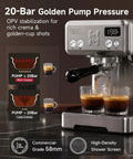 Next Level Home Barista Espresso Machine Rolling Out Barista Grade Shots With A Rock Solid 58 Mm Commercial Group Head And Fully Custom Temp Timers For Pulling Smooth Extracts All Day Long, showcasing 20-bar pump pressure and dual shot glasses.