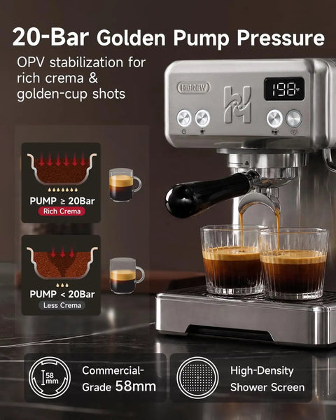 Next Level Home Barista Espresso Machine Rolling Out Barista Grade Shots With A Rock Solid 58 Mm Commercial Group Head And Fully Custom Temp Timers For Pulling Smooth Extracts All Day Long, showcasing 20-bar pump pressure and dual shot glasses.