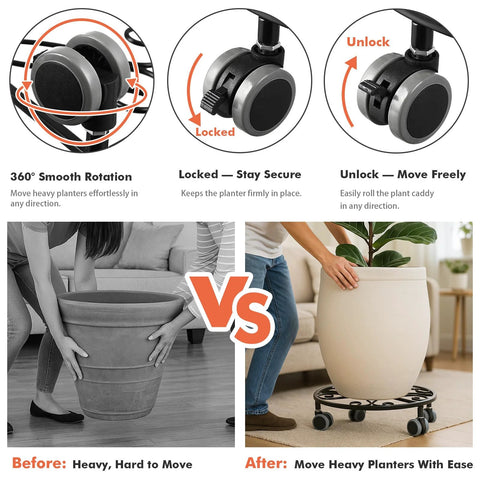 Comparison of heavy planter lifting vs Three Pack Heavy Duty Plant Caddies With Wheels, showing 360° rotation and locking features.
