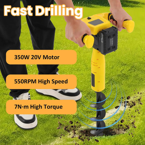 Cordless Electric Post Hole Digger With 11 By 3 Inch Auger Bit For Fence Posts, Garden And Farm Use in action, showing fast drilling