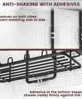 Side view of Over Showerhead Caddy With Rustproof Stainless Steel Construction Easy Install No Drilling Anti Swing Design Two Large Baskets Soap Holder And Multiple Hooks Bathroom Organizer For Shampoo Conditioner Body Wash Black with adhesives for stability