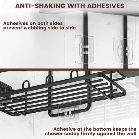 Side view of Over Showerhead Caddy With Rustproof Stainless Steel Construction Easy Install No Drilling Anti Swing Design Two Large Baskets Soap Holder And Multiple Hooks Bathroom Organizer For Shampoo Conditioner Body Wash Black with adhesives for stability