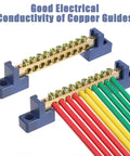 Beefy Ground Bar Kit 10 Positions For Electrical Panels Brass Terminal Block With Blue Insulated Base, wires connected